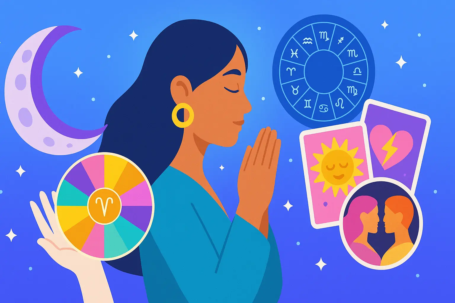 Spiritual guidance illustration with tarot cards, astrology wheel, and meditation