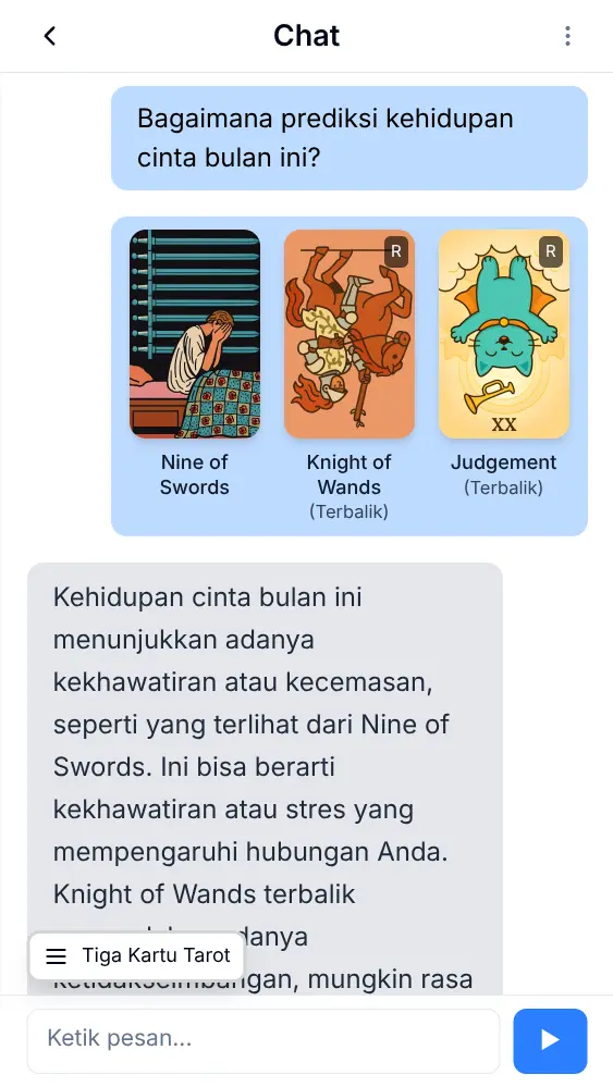 Screenshot tarot reading dengan interpretasi kartu